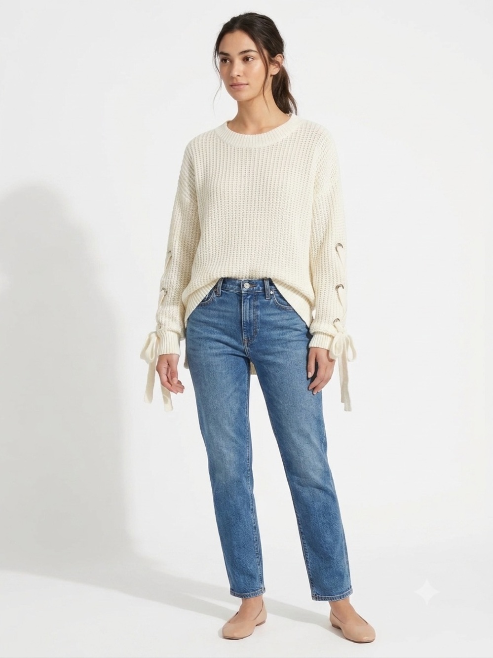 LUCCA NWT Ivory Oversized Waffle Knit Tie Sleeve Sweater Size XS/S $108